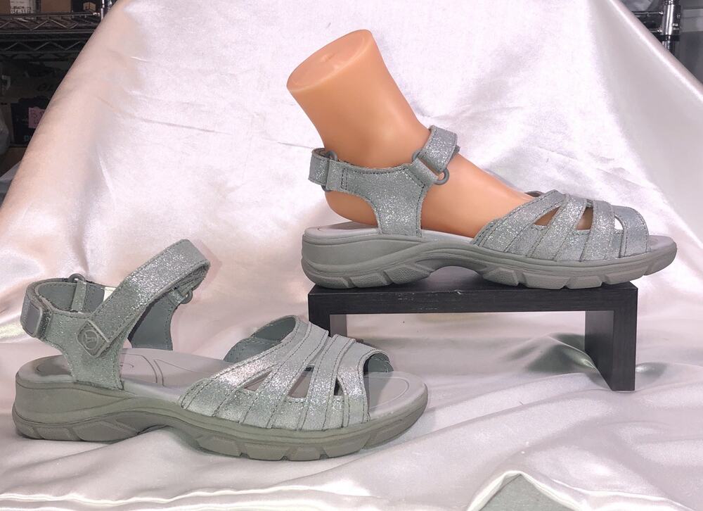 Lands End Sandals Strappy Silver Metallic Womens 8.5 B Hook & Loop Open Toe